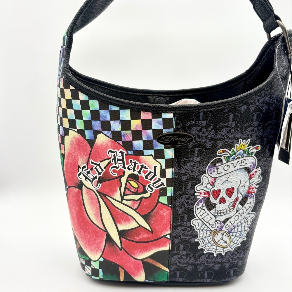Ed Hardy Hobo Bag Rose Skull Tattoo Checkered Print Shoulder Bag Purse Y2K